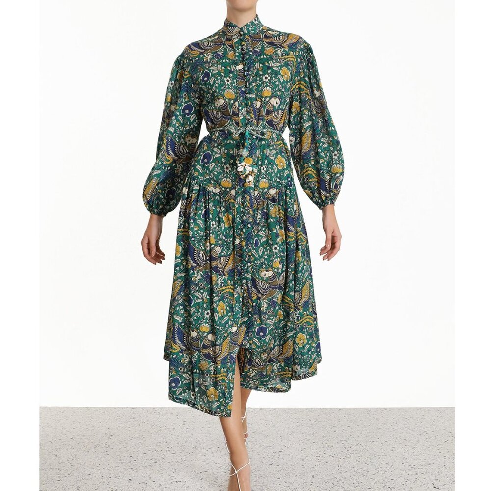 Zimmermann Edie Drop Waist Balloon Sleeve Peacock Green Midi Dress Size 1 US 6
